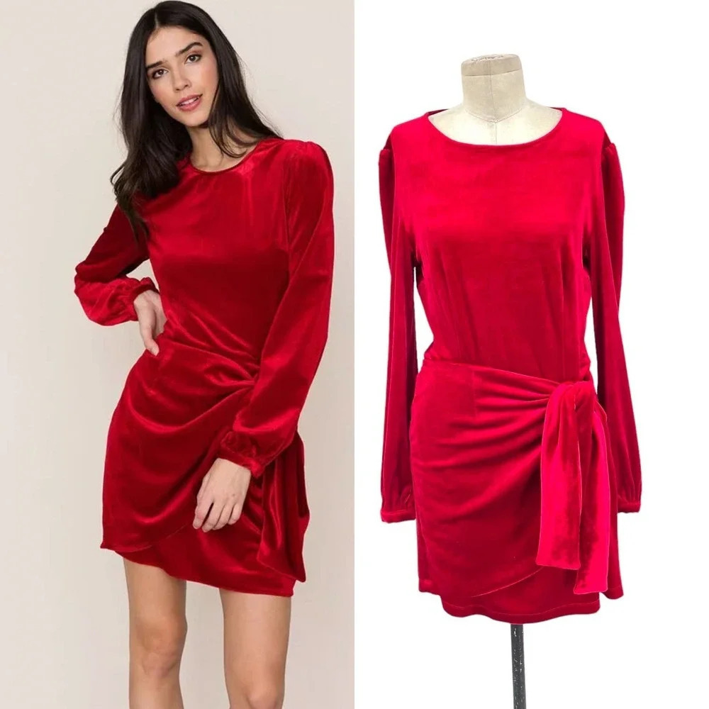 Yumi Kim Tie Me Over Red Velvet Dress Long Sleeve Wrap Tie Size Large